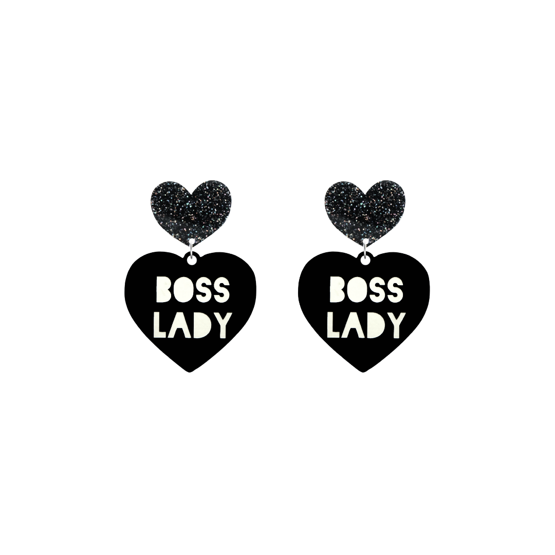 haus of dizzy black Heart-shaped earrings with 'BOSS LADY' text in white and black glittery hearts tops size small