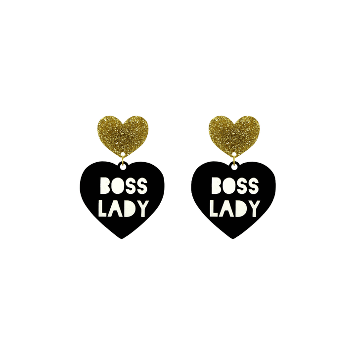haus of dizzy black Heart-shaped earrings with 'BOSS LADY' text in white and gold glittery hearts tops size small