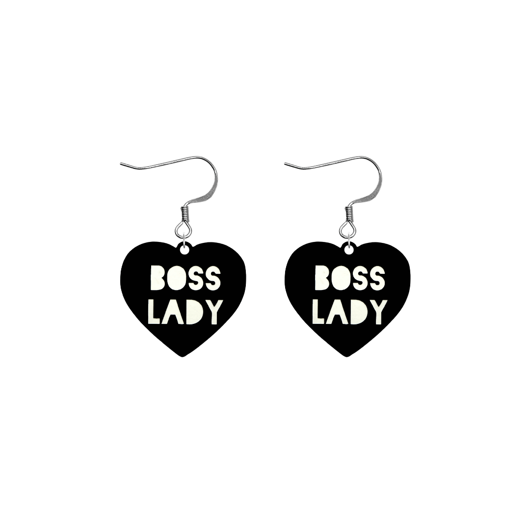 haus of dizzy black Heart-shaped earrings with 'BOSS LADY' text in white with silver hooks no heart top size small
