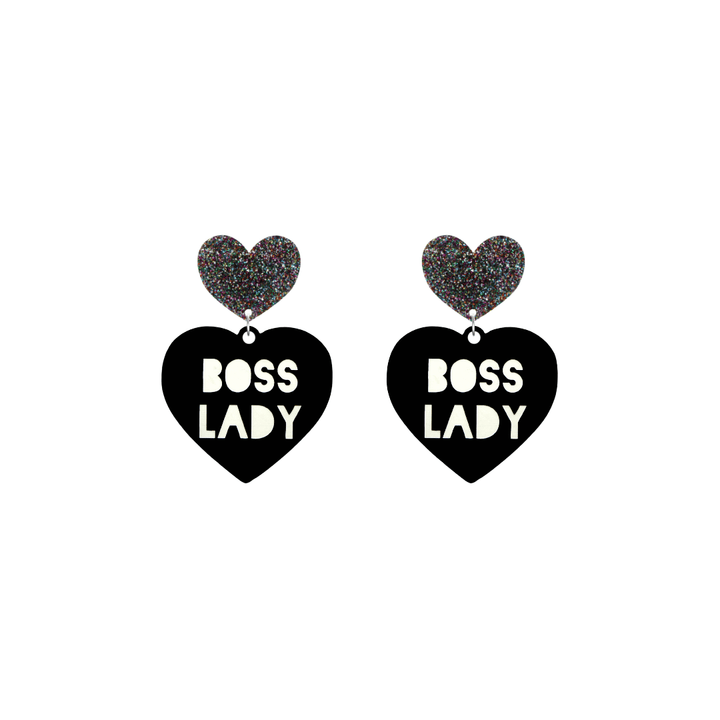haus of dizzy black Heart-shaped earrings with 'BOSS LADY' text in white and multi coloured glittery hearts tops size small