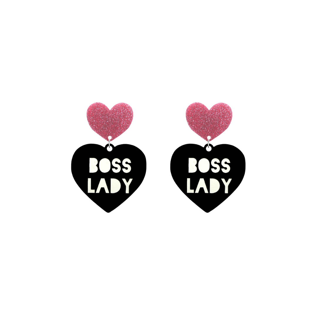 haus of dizzy black Heart-shaped earrings with 'BOSS LADY' text in white and pink glittery hearts tops size small