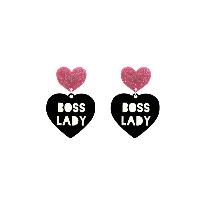 haus of dizzy black Heart-shaped earrings with 'BOSS LADY' text in white and pink glittery hearts tops size small