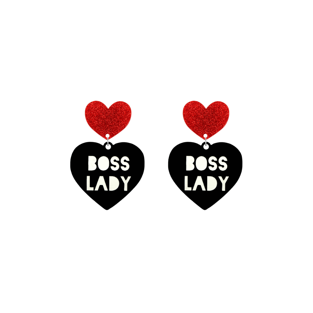 haus of dizzy black Heart-shaped earrings with 'BOSS LADY' text in white and red glittery hearts tops size small