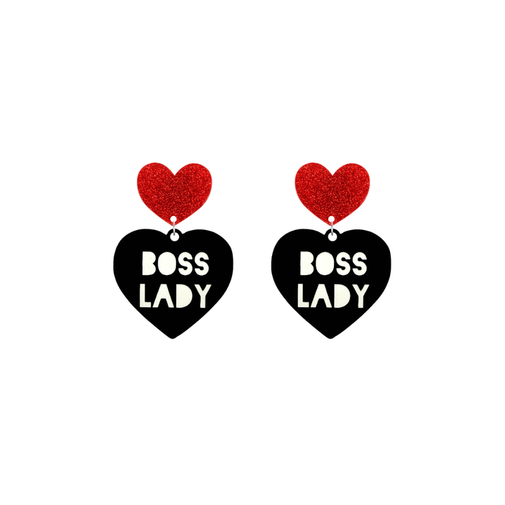 haus of dizzy black Heart-shaped earrings with 'BOSS LADY' text in white and red glittery hearts tops size small