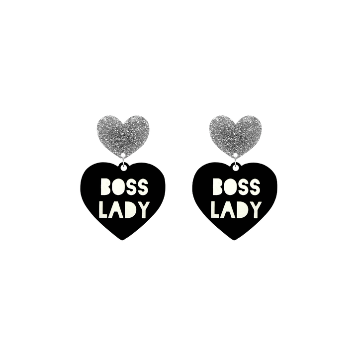 haus of dizzy black Heart-shaped earrings with 'BOSS LADY' text in white and silver glittery hearts tops size small