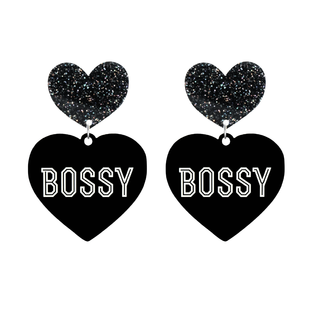 haus of dizzy black heart-shaped earrings with 'BOSSY' text in white and black glittery hearts tops size large