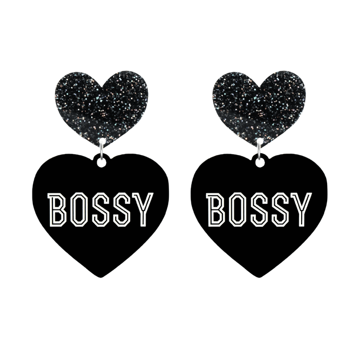haus of dizzy black heart-shaped earrings with 'BOSSY' text in white and black glittery hearts tops size large