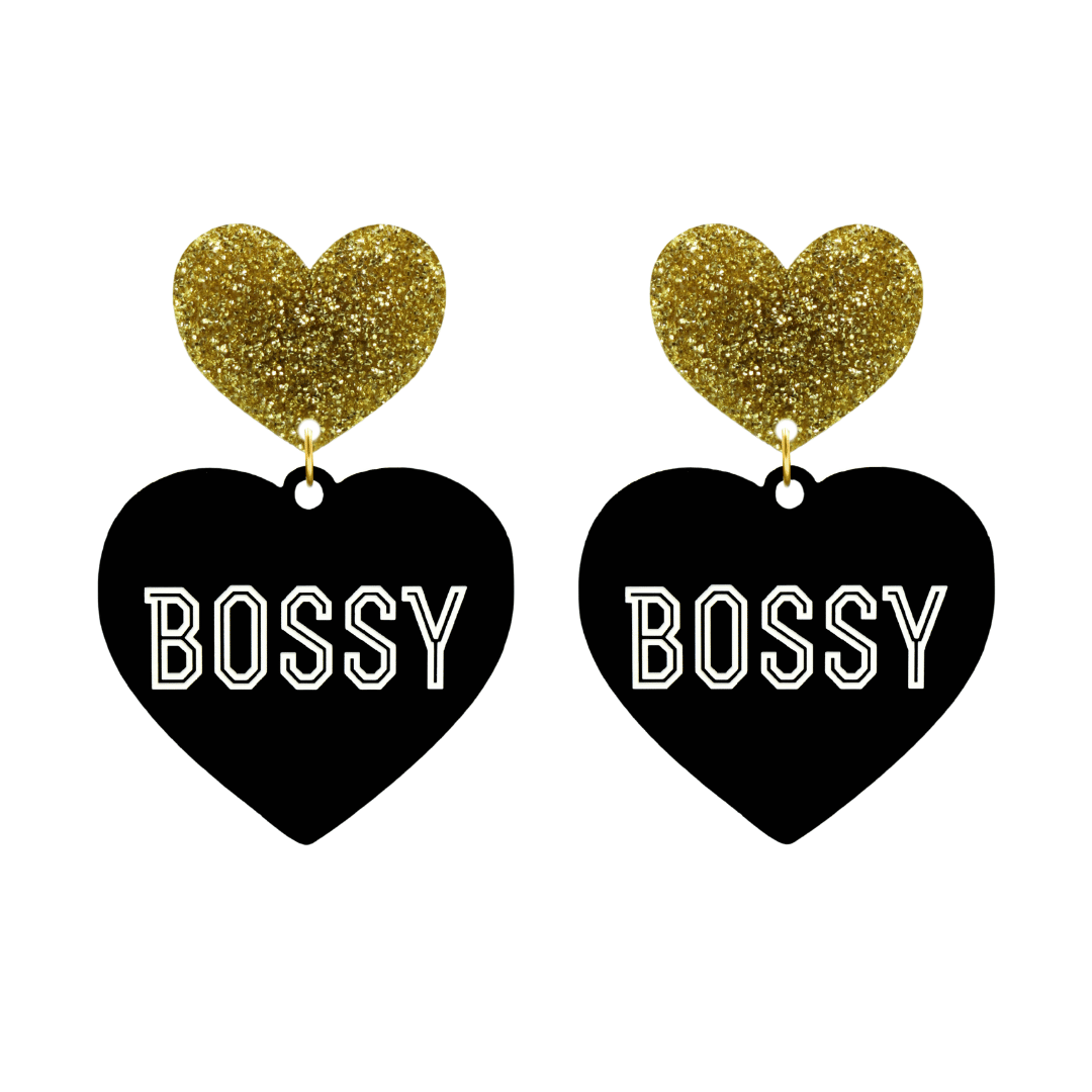 haus of dizzy black heart-shaped earrings with 'BOSSY' text in white and gold glittery hearts tops size large