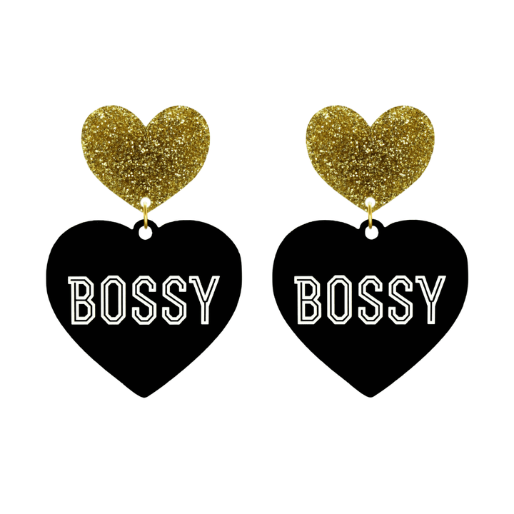 haus of dizzy black heart-shaped earrings with 'BOSSY' text in white and gold glittery hearts tops size large