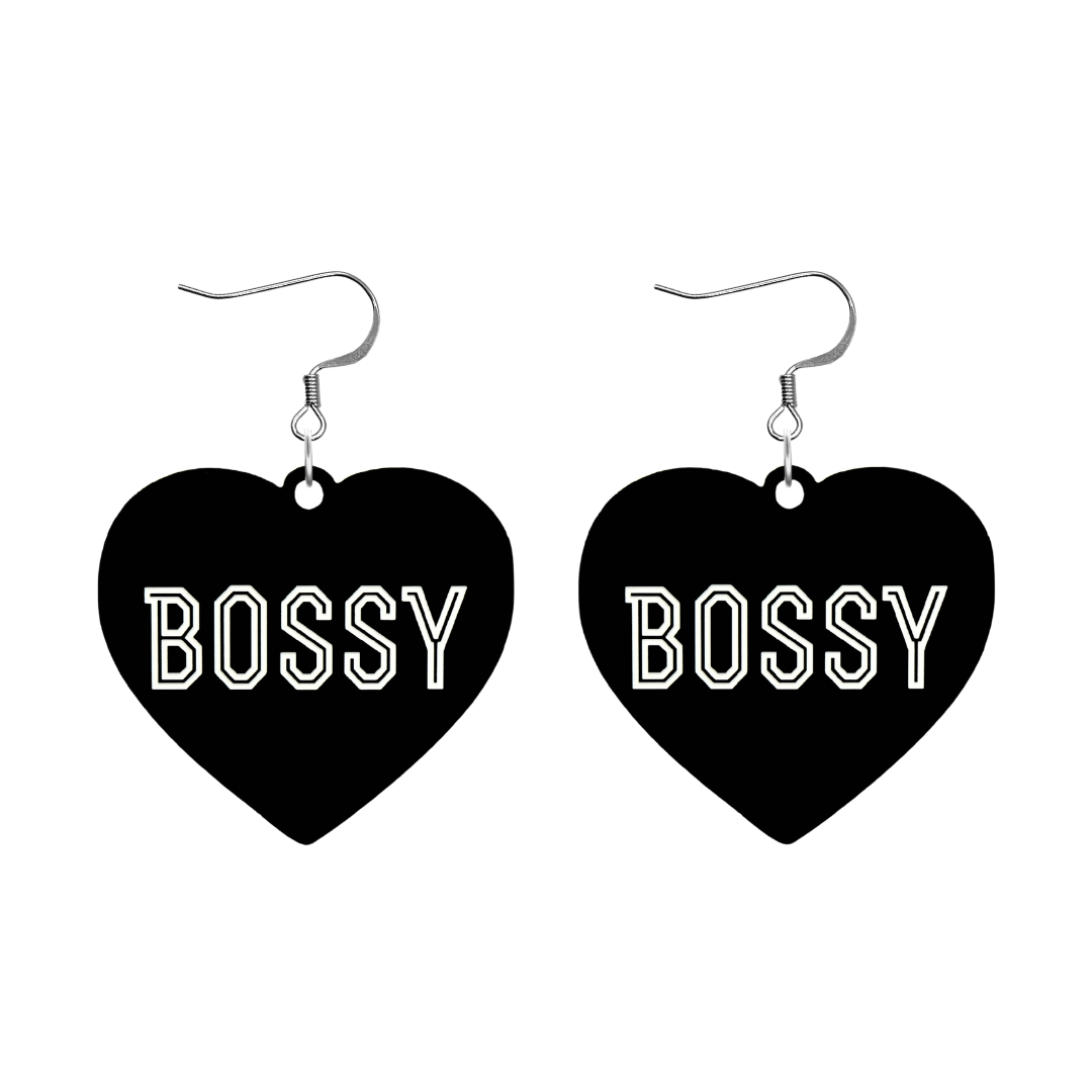 haus of dizzy black heart-shaped earrings with 'BOSSY' text in white with silver hooks no heart tops size large