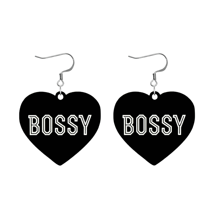 haus of dizzy black heart-shaped earrings with 'BOSSY' text in white with silver hooks no heart tops size large
