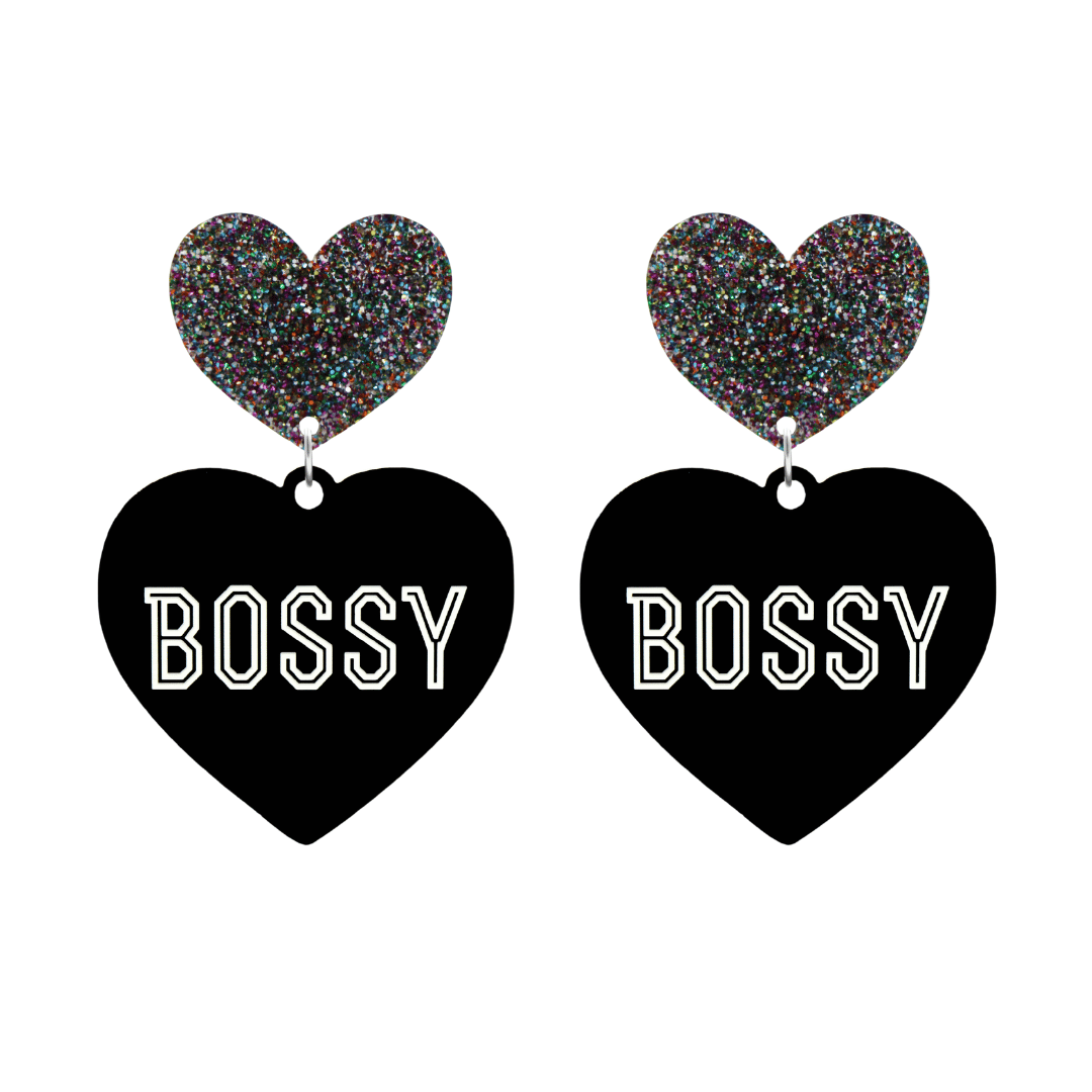 haus of dizzy black heart-shaped earrings with 'BOSSY' text in white and multi coloured glittery hearts tops size large