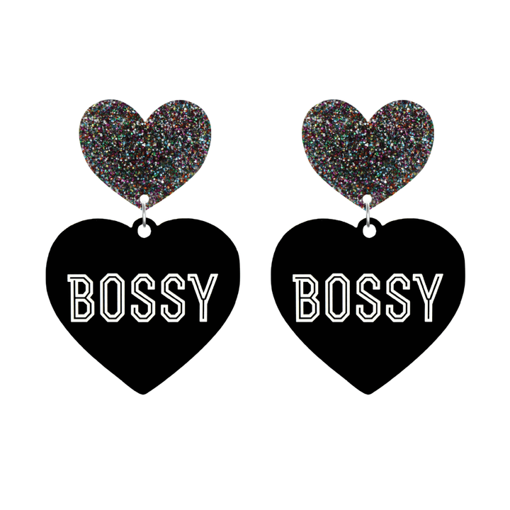 haus of dizzy black heart-shaped earrings with 'BOSSY' text in white and multi coloured glittery hearts tops size large