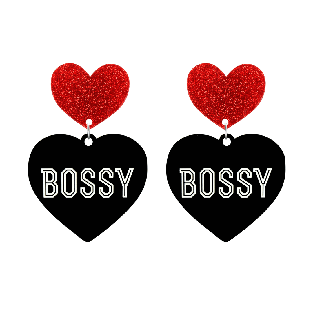 haus of dizzy black heart-shaped earrings with 'BOSSY' text in white and red glittery hearts tops size large