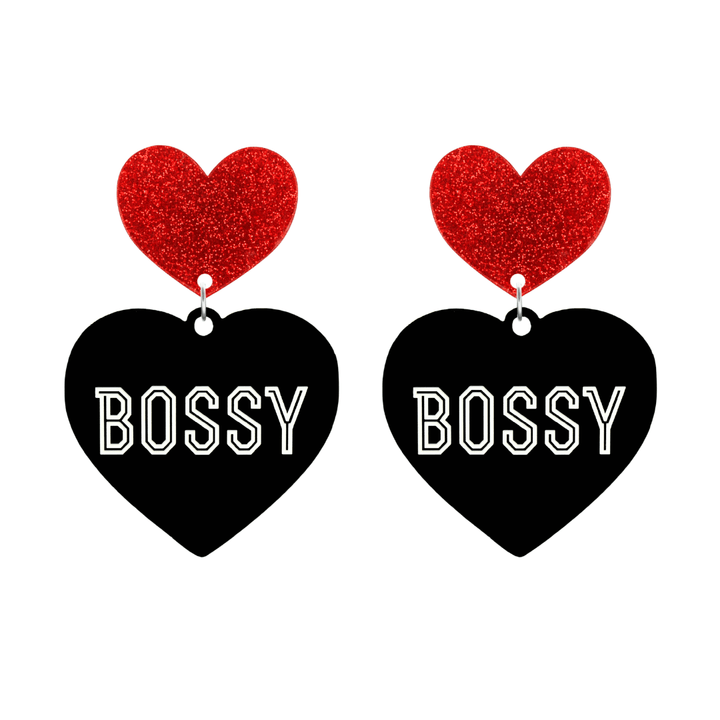 haus of dizzy black heart-shaped earrings with 'BOSSY' text in white and red glittery hearts tops size large