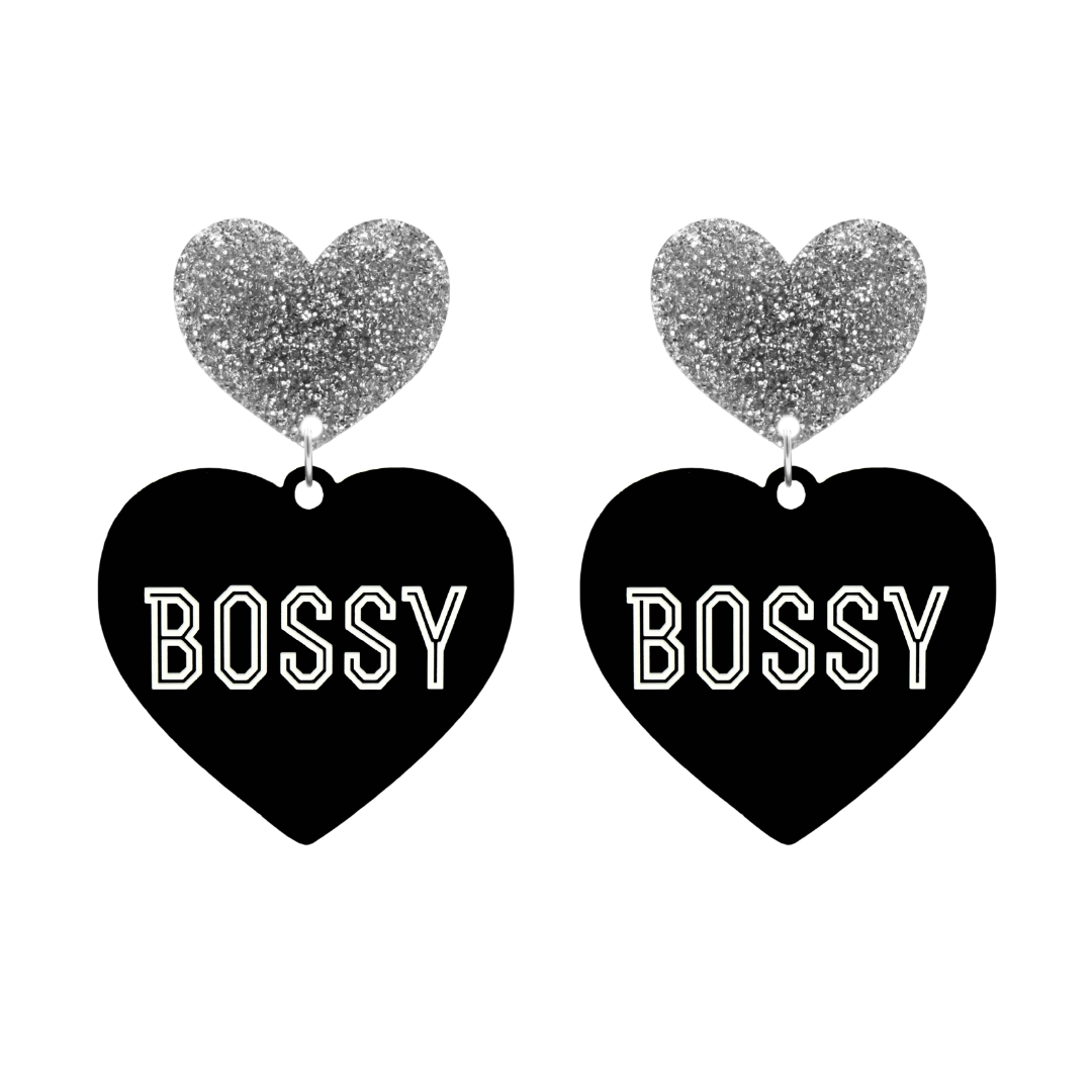 haus of dizzy black heart-shaped earrings with 'BOSSY' text in white and silver glittery hearts tops size large