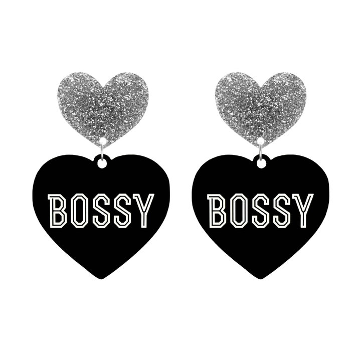 haus of dizzy black heart-shaped earrings with 'BOSSY' text in white and silver glittery hearts tops size large