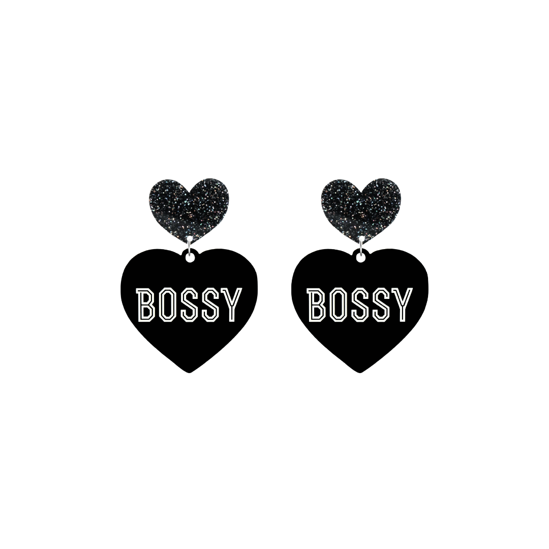 haus of dizzy black heart-shaped earrings with 'BOSSY' text in white and black glittery hearts tops size small