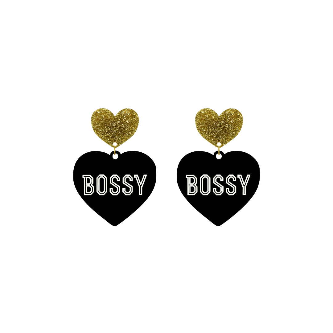haus of dizzy black heart-shaped earrings with 'BOSSY' text in white and gold glittery hearts tops size small