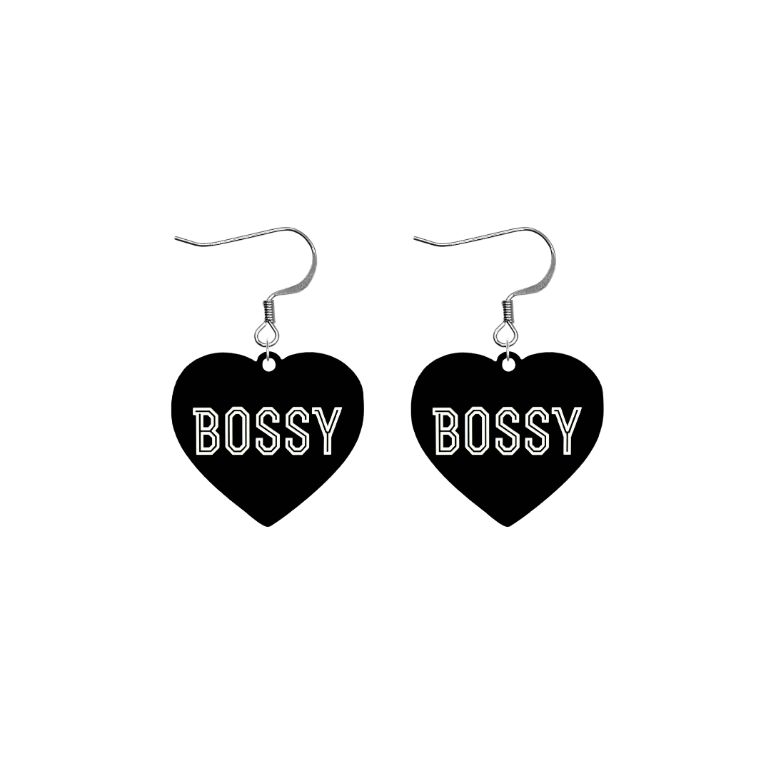 haus of dizzy black heart-shaped earrings with 'BOSSY' text in white with silver hooks no heart tops size small