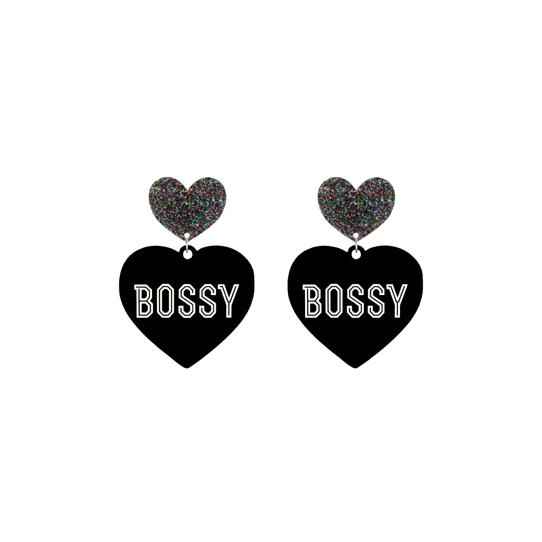 haus of dizzy black heart-shaped earrings with 'BOSSY' text in white and multi coloured glittery hearts tops size small
