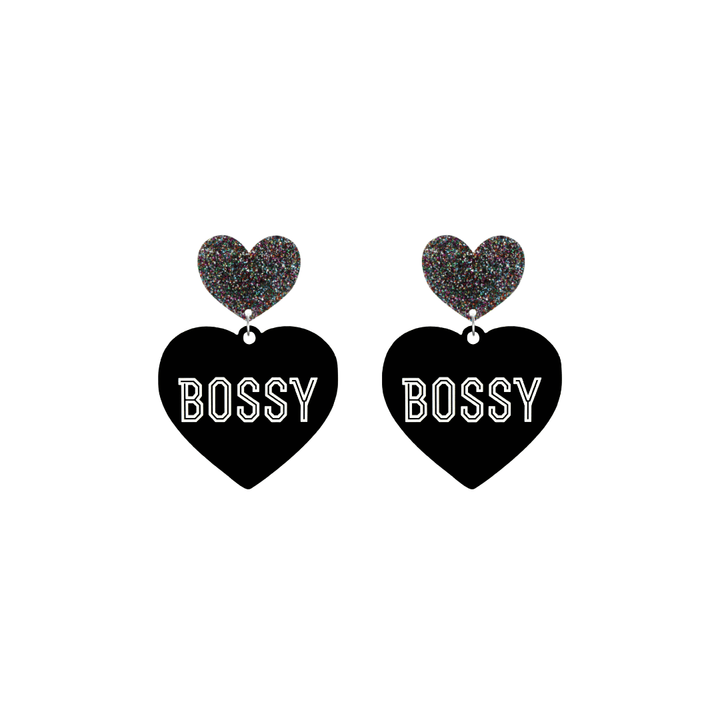 haus of dizzy black heart-shaped earrings with 'BOSSY' text in white and multi coloured glittery hearts tops size small