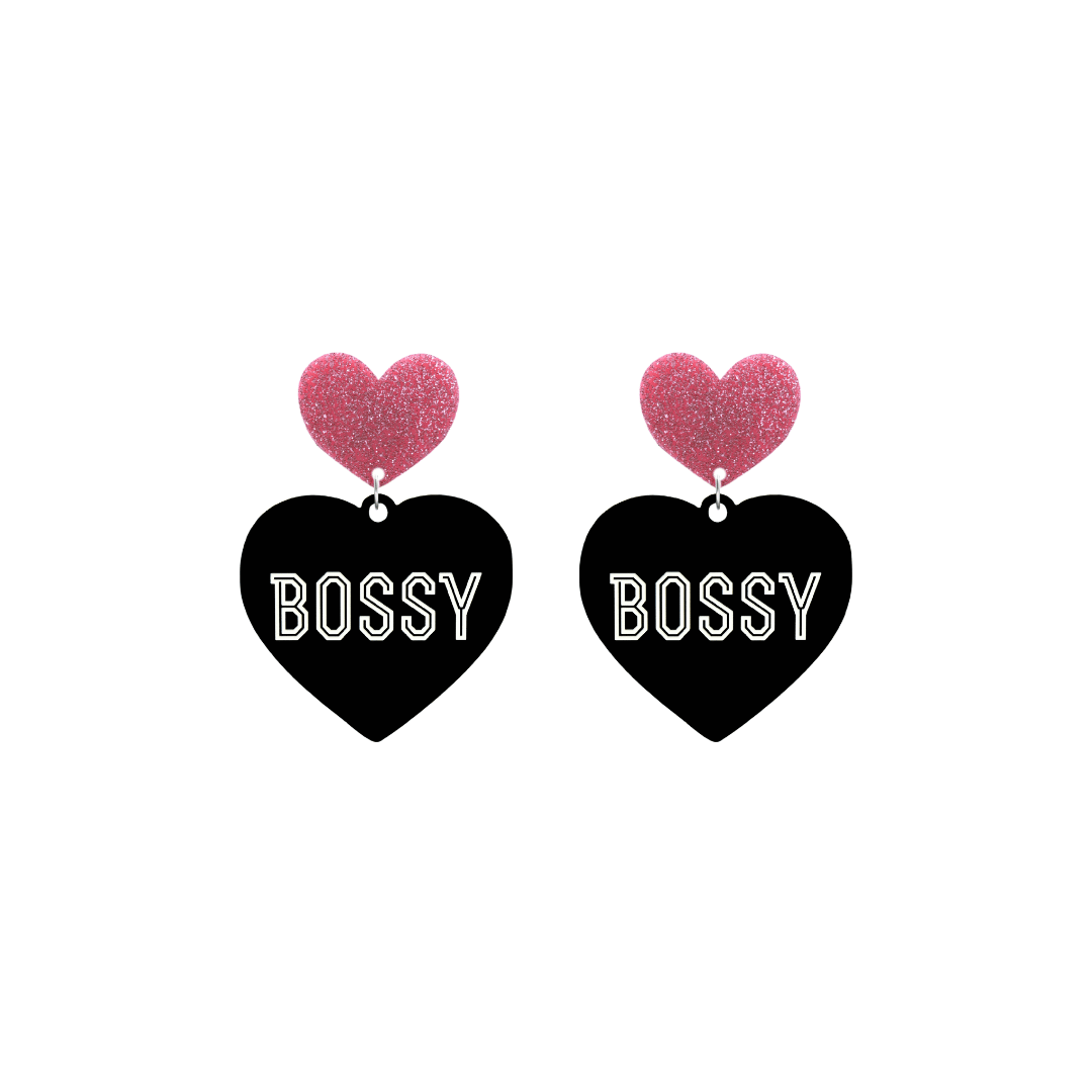 haus of dizzy black heart-shaped earrings with 'BOSSY' text in white and pink glittery hearts tops size small