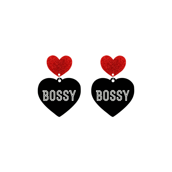 haus of dizzy black heart-shaped earrings with 'BOSSY' text in white and red glittery hearts tops size small