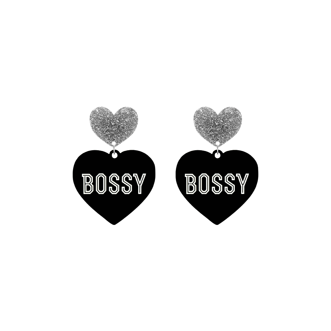 haus of dizzy black heart-shaped earrings with 'BOSSY' text in white and silver glittery hearts tops size small