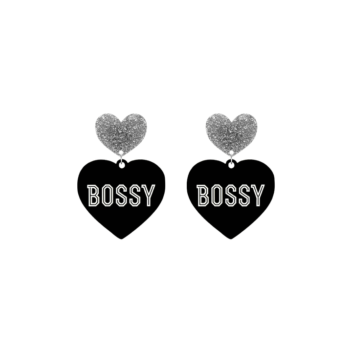 haus of dizzy black heart-shaped earrings with 'BOSSY' text in white and silver glittery hearts tops size small