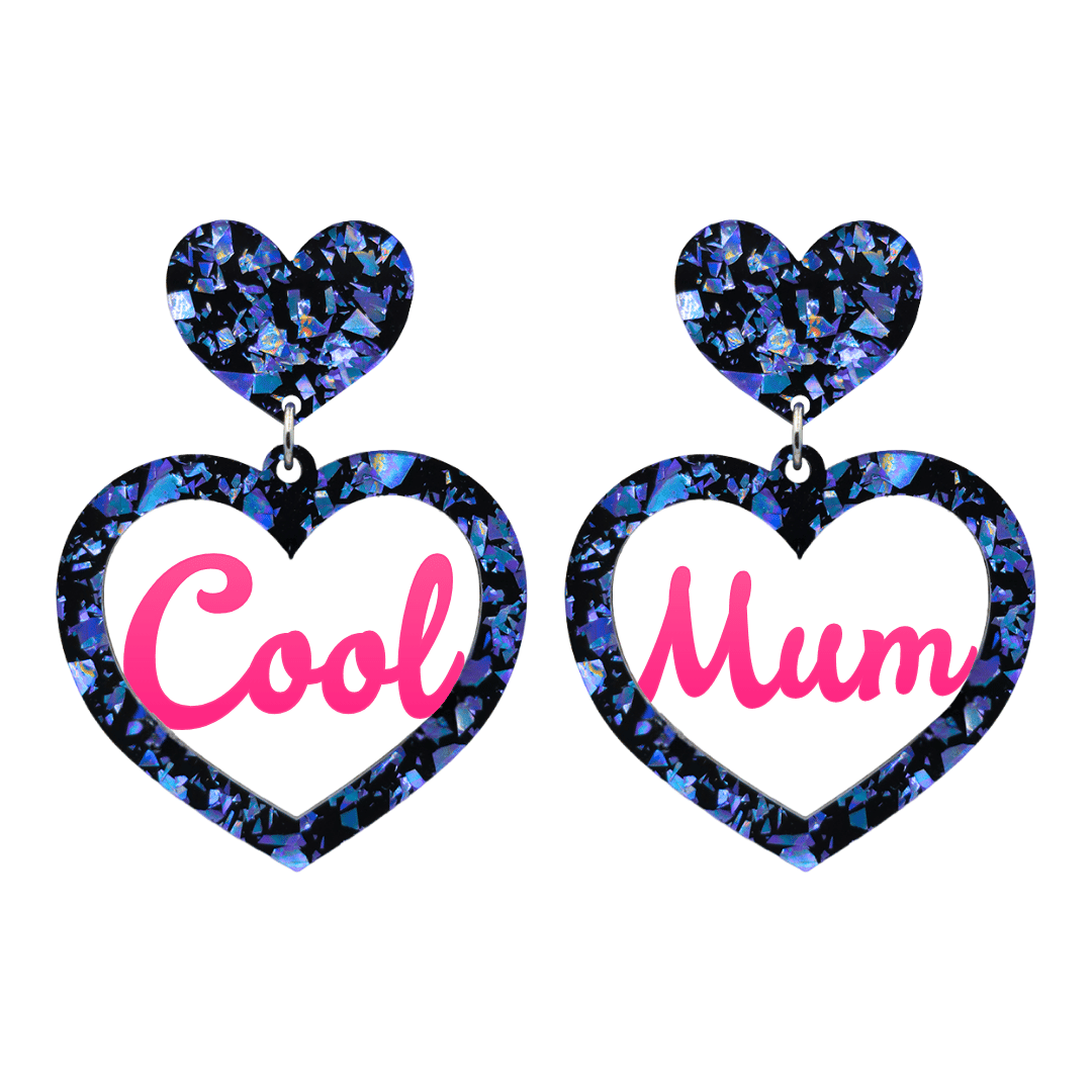haus of dizzy chunky dark blue glitter heart earrings with hot pink text that reads cool mum in cursive font size large
