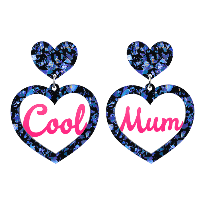 haus of dizzy chunky dark blue glitter heart earrings with hot pink text that reads cool mum in cursive font size large
