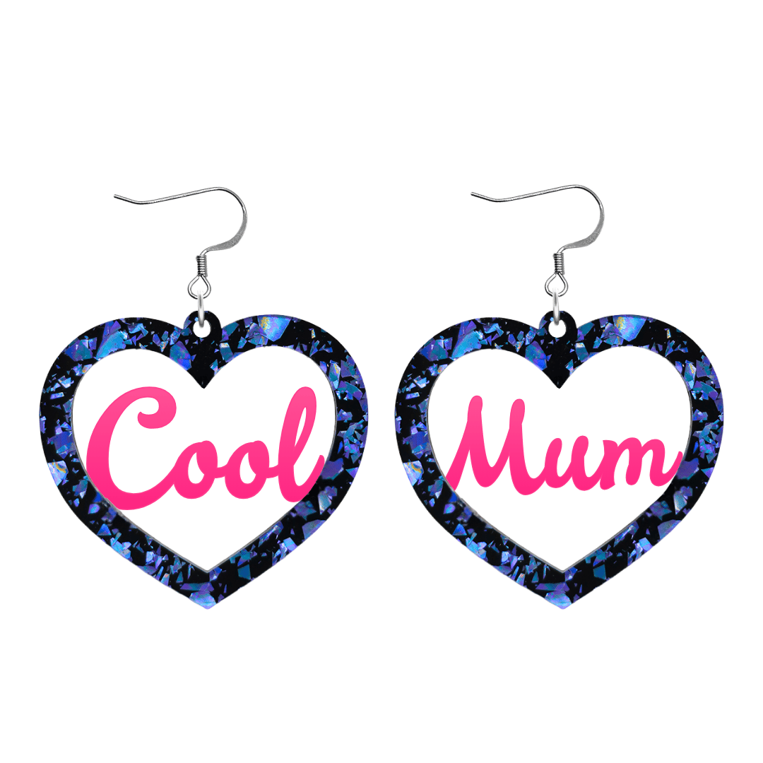 haus of dizzy chunky dark blue glitter heart earrings with hot pink text that reads cool mum in cursive font size large with hooks no heart tops
