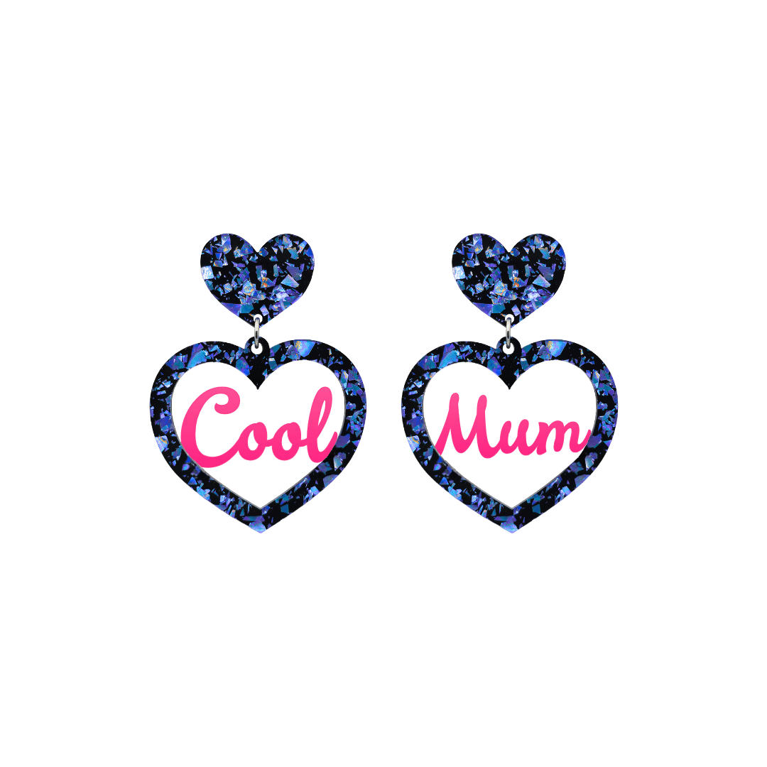 haus of dizzy chunky dark blue glitter heart earrings with hot pink text that reads cool mum in cursive font size small