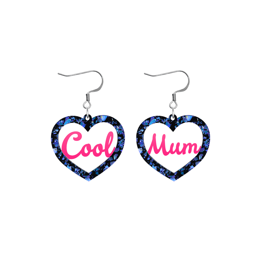 haus of dizzy chunky dark blue glitter heart earrings with hot pink text that reads cool mum in cursive font size small with hooks no heart tops