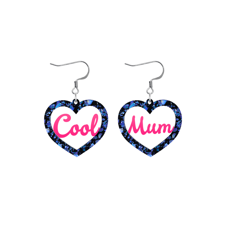 haus of dizzy chunky dark blue glitter heart earrings with hot pink text that reads cool mum in cursive font size small with hooks no heart tops