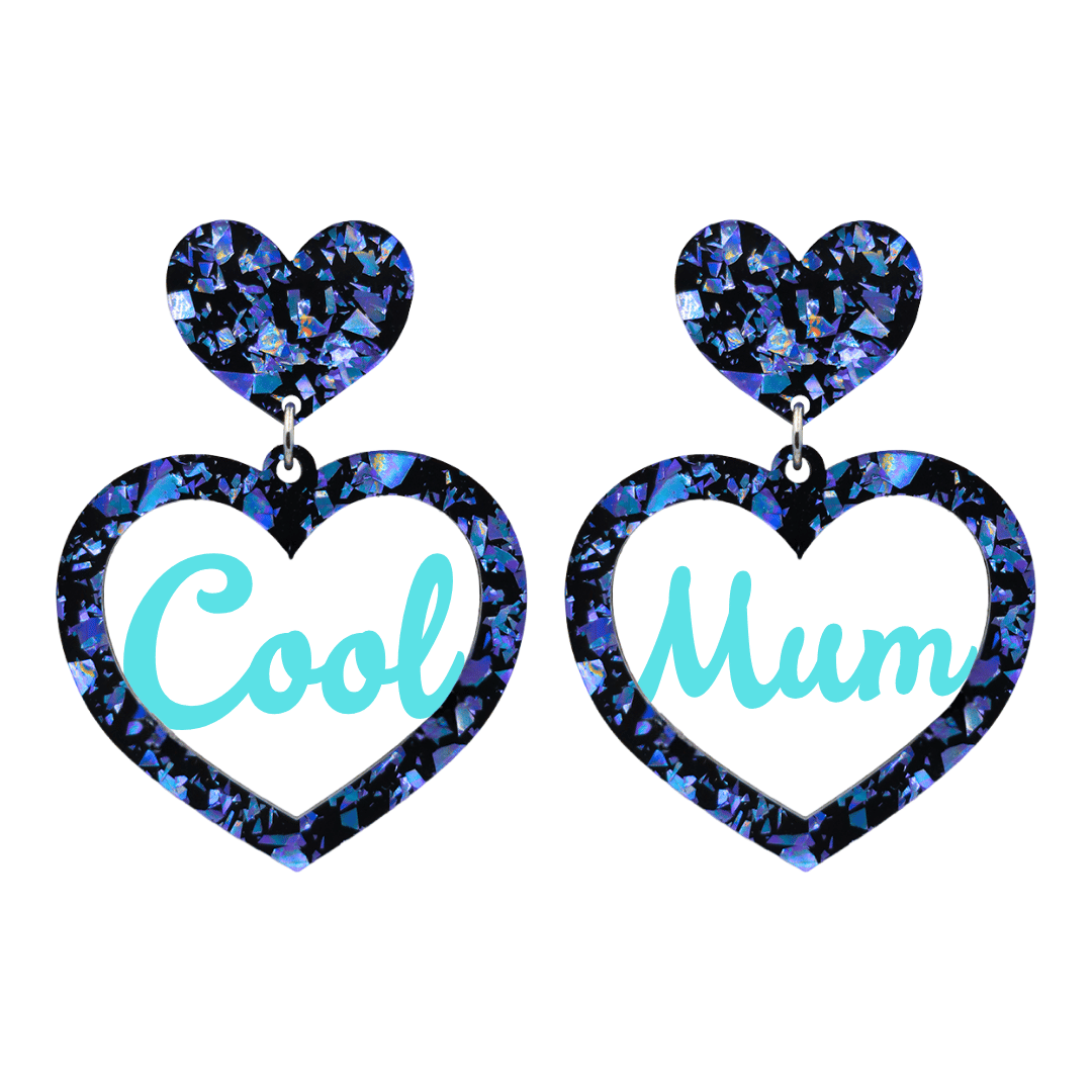 haus of dizzy chunky dark blue glitter heart earrings with turquoise text that reads cool mum in cursive font size large
