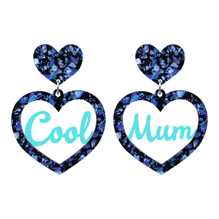 haus of dizzy chunky dark blue glitter heart earrings with turquoise text that reads cool mum in cursive font size large
