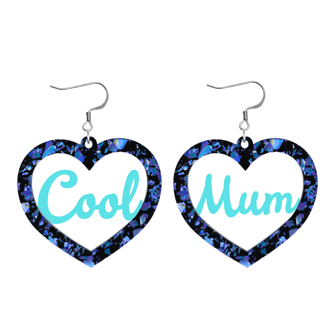 haus of dizzy chunky dark blue glitter heart earrings with turquoise text that reads cool mum in cursive font size large with hooks no heart tops
