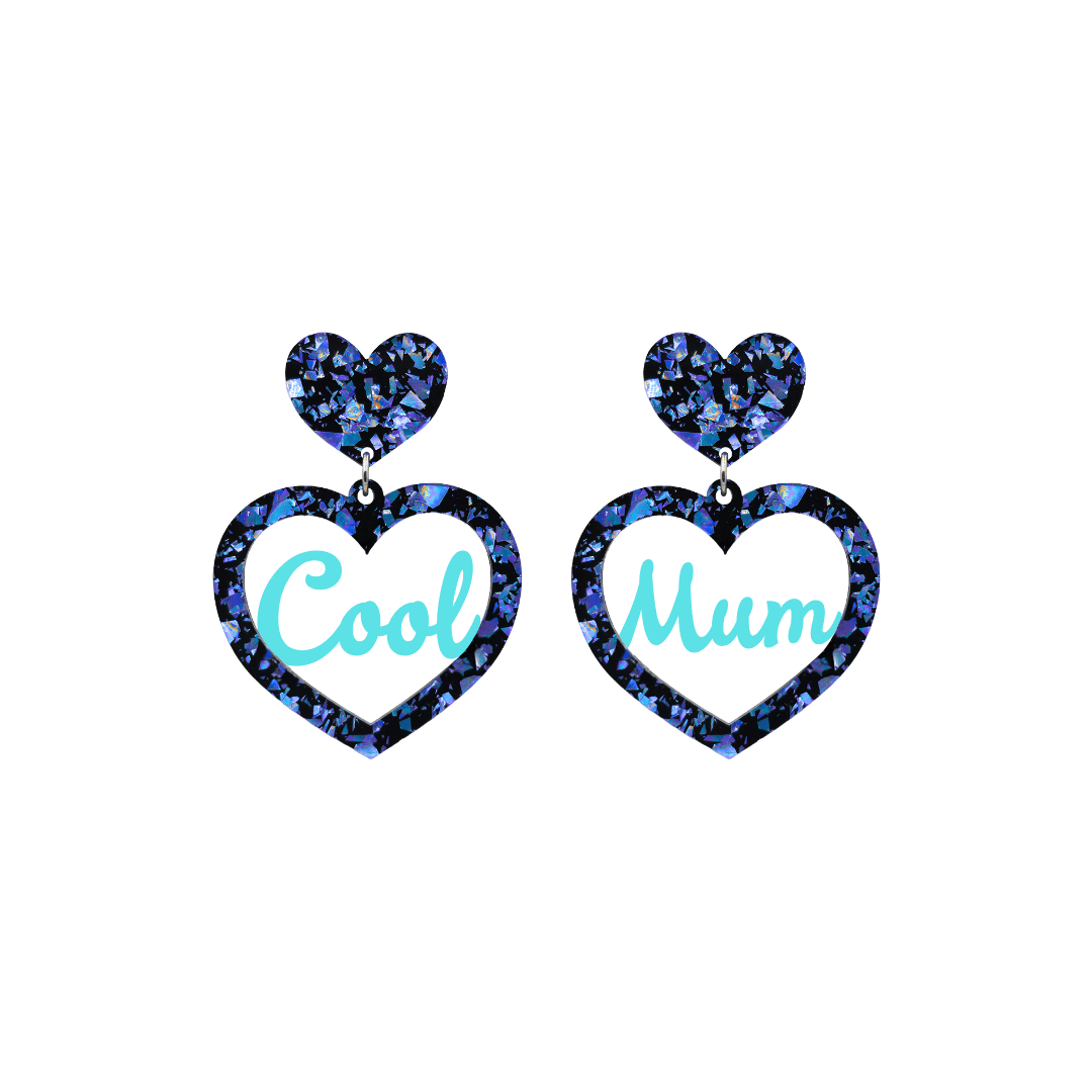 haus of dizzy chunky dark blue glitter heart earrings with turquoise text that reads cool mum in cursive font size small