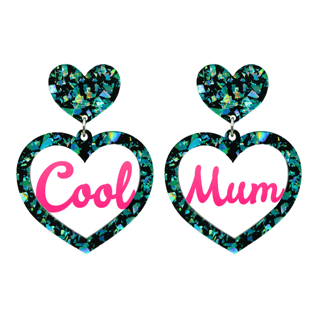 haus of dizzy chunky emerald glitter heart earrings with hot pink text that reads cool mum in cursive font size large