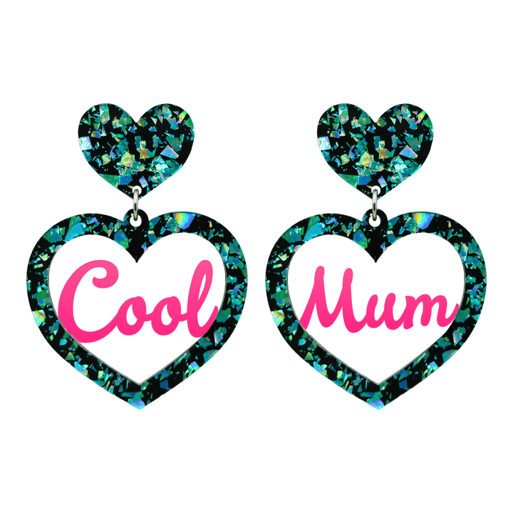 haus of dizzy chunky emerald glitter heart earrings with hot pink text that reads cool mum in cursive font size large