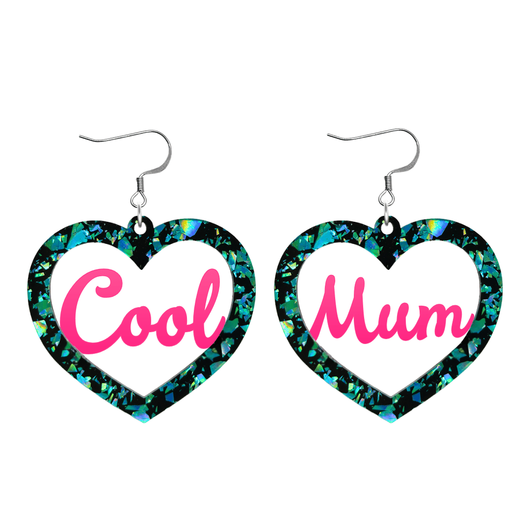 haus of dizzy chunky emerald glitter heart earrings with hot pink text that reads cool mum in cursive font size large with hooks no heart tops