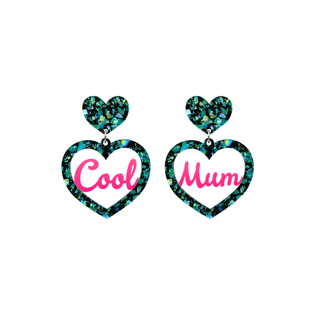 haus of dizzy chunky emerald glitter heart earrings with hot pink text that reads cool mum in cursive font size small