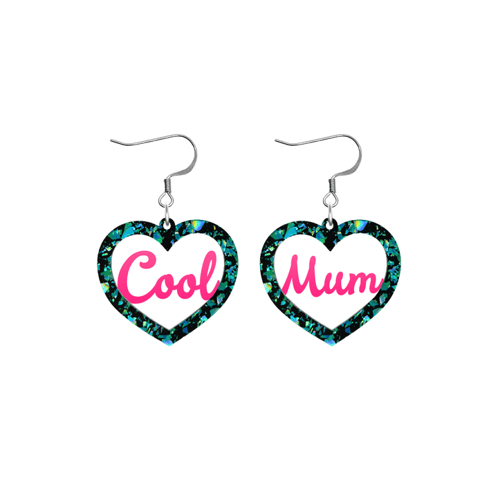haus of dizzy chunky emerald glitter heart earrings with hot pink text that reads cool mum in cursive font size small with hooks no heart tops