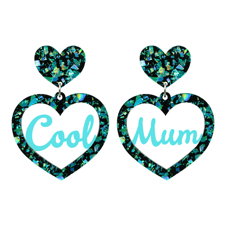 haus of dizzy chunky emerald glitter heart earrings with turquoise text that reads cool mum in cursive font size large