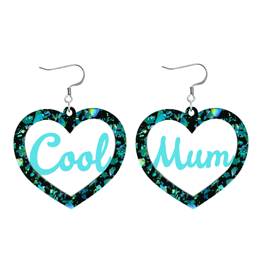 haus of dizzy chunky emerald glitter heart earrings with turquoise text that reads cool mum in cursive font size large with hooks no heart tops