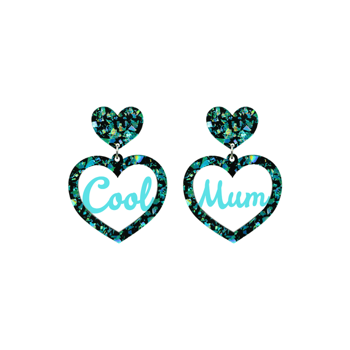 haus of dizzy chunky emerald glitter heart earrings with turquoise text that reads cool mum in cursive font size small