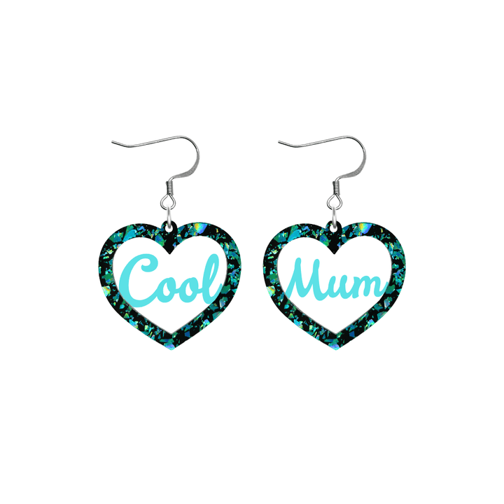 haus of dizzy chunky emerald glitter heart earrings with turquoise text that reads cool mum in cursive font size small with hooks no heart tops