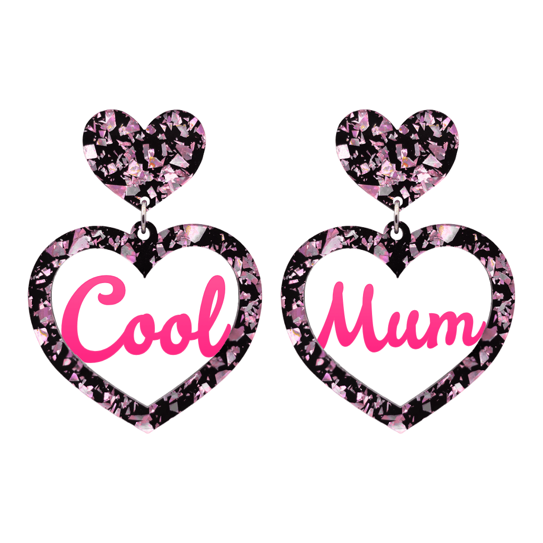 haus of dizzy chunky light pink glitter heart earrings with hot pink text that reads cool mum in cursive font size large
